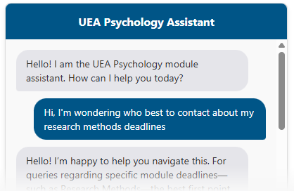 Screenshot of the psychology course assistant answering a student who asks who to contact about research methods deadlines